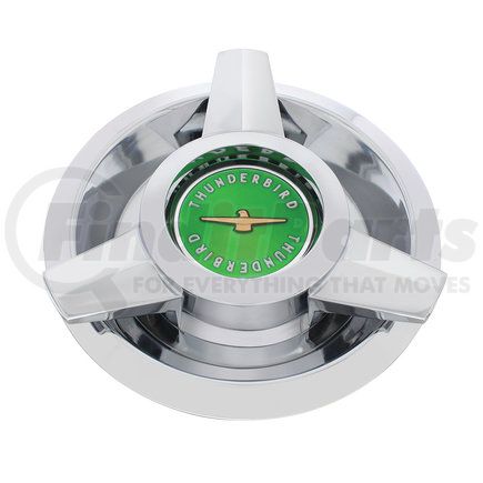 F626304 by UNITED PACIFIC - Axle Hub Cap - Chrome, with Green Center T-Bird, for 1962-1963 Ford T-Bird Wire Wheels