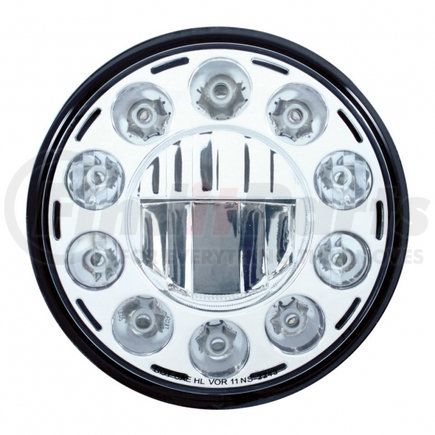 31355 by UNITED PACIFIC - Headlight - 11 High Power, LED, RH/LH, 7", Round, Chrome Housing, High/Low Beam, Crystal Lens, 1 Single Low Beam Center, 10 Outer High Beam