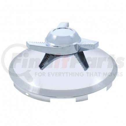 21126 by UNITED PACIFIC - Axle Hub Cap - Front, 6 Uneven Notched, Stainless, with 3 Bar Right Swing Spinner, 7/16" Lip