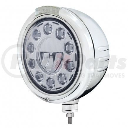 32733 by UNITED PACIFIC - Classic Embossed Stripe 11 LED Headlight - RH/LH, 7", Round, Polished Housing, Bullet Style Bezel, with Amber LED Dual Mode Light, Clear Lens