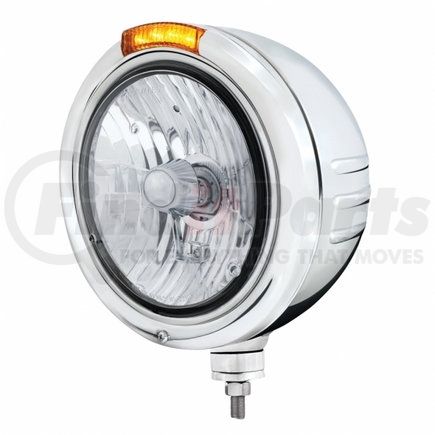 32742 by UNITED PACIFIC - Classic Embossed Stripe Headlight - RH/LH, 7", Round, Polished Housing, Crystal H4 Bulb, Bullet Style Bezel, with Amber LED Dual Mode Light, Amber Lens