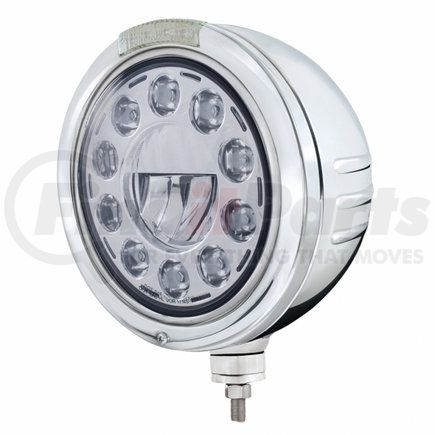 32749 by UNITED PACIFIC - Headlight - Embossed Stripe, 11 LED, RH/LH, 7", Round, Polished Housing, Bullet Style Bezel, with Amber LED Dual Mode Light (Clear Lens)