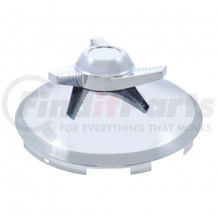 21120 by UNITED PACIFIC - Axle Hub Cap - Front, 6 Uneven Notched, Stainless, with 3 Bar Left Swing Spinner, 7/16" Lip