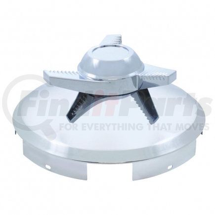 11125 by UNITED PACIFIC - Axle Hub Cap - Front, 5 Even Notched, Chrome, with 3 Bar Right Swing Spinner, 1" Lip