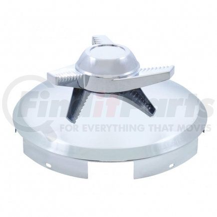 11119 by UNITED PACIFIC - Axle Hub Cap - Front, 5 Even Notched, Chrome, with 3 Bar Left Swing Spinner, 1" Lip