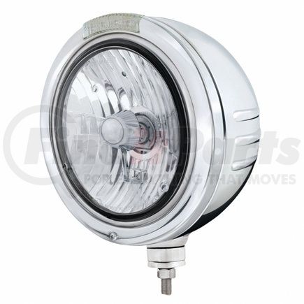 32759 by UNITED PACIFIC - Headlight - Embossed Stripe, RH/LH, 7", Round, Polished Housing, Crystal H4 Bulb, Bullet Style Bezel, with Amber LED Dual Mode Light (Clear Lens)