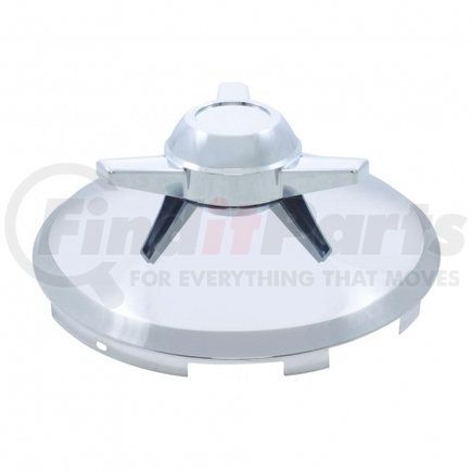 21114 by UNITED PACIFIC - Axle Hub Cap - Front, 6 Uneven Notched, Stainless, with 3 Bar Spinner, 7/16" Lip
