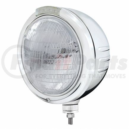 32735 by UNITED PACIFIC - Classic Embossed Stripe Headlight - RH/LH, 7", Round, Polished Housing, 6014 Bulb, Bullet Style Bezel, with Amber LED Dual Mode Light, Clear Lens