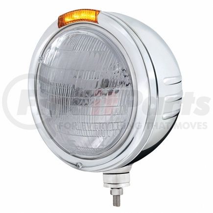 32750 by UNITED PACIFIC - Headlight - Embossed Stripe, RH/LH, 7", Round, Polished Housing, 6014 Bulb, Bullet Style Bezel, with Amber LED Dual Mode Light (Amber Lens)