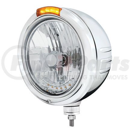 32744 by UNITED PACIFIC - Headlight - Stainless Steel, Classic Embossed Stripe, H4, with 6 Amber LED & Dual Mode LED Signal, Amber Lens