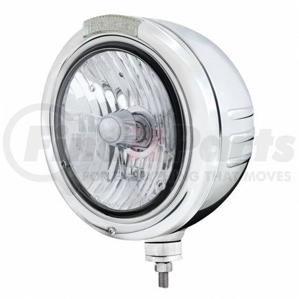 32743 by UNITED PACIFIC - Classic Embossed Stripe Headlight - RH/LH, 7", Round, Polished Housing, Crystal H4 Bulb, Bullet Style Bezel, with Amber LED Dual Mode Light, Clear Lens