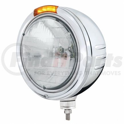 32752 by UNITED PACIFIC - Headlight - Embossed Stripe, RH/LH, 7", Round, Polished Housing, H6024 Bulb, Bullet Style Bezel, with Amber LED Dual Mode Light (Amber Lens)