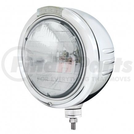32737 by UNITED PACIFIC - Classic Embossed Stripe Headlight - RH/LH, 7", Round, Polished Housing, H6024 Bulb, Bullet Style Bezel, with Amber LED Dual Mode Light, Clear Lens