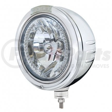 32755 by UNITED PACIFIC - Headlight - Embossed Stripe, RH/LH, 7", Round, Polished Housing, H4 Bulb, Bullet Style Bezel, with 34 Bright Amber LED Position Light and Amber LED Dual Mode Light (Clear Lens)