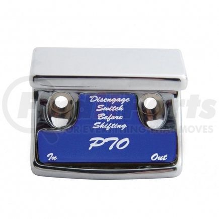 21070 by UNITED PACIFIC - Dash Switch Cover - "PTO" Switch Guard, with Blue Sticker, for Freightliner and International