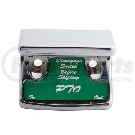 21071 by UNITED PACIFIC - Dash Switch Cover - "PTO" Switch Guard, with Green Sticker, for Freightliner and International