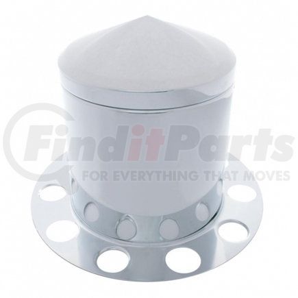 21225 by UNITED PACIFIC - Axle Hub Cover - Rear, Stainless, Pointed, with 1.5" Nut Cover, Aluminum Wheel