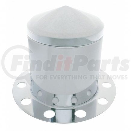 21226 by UNITED PACIFIC - Axle Hub Cover - Rear, Stainless, Pointed, with 33mm Nut Cover, Steel/Aluminum Wheel