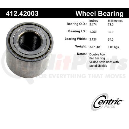 Centric 412.42003 Wheel Bearing Centric Premium Double Row Wheel Bearing