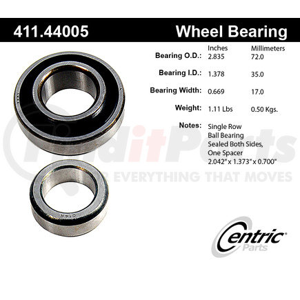 Centric 411.44005 Drive Axle Shaft Bearing Centric Premium Axle Shaft Bearing Single Row