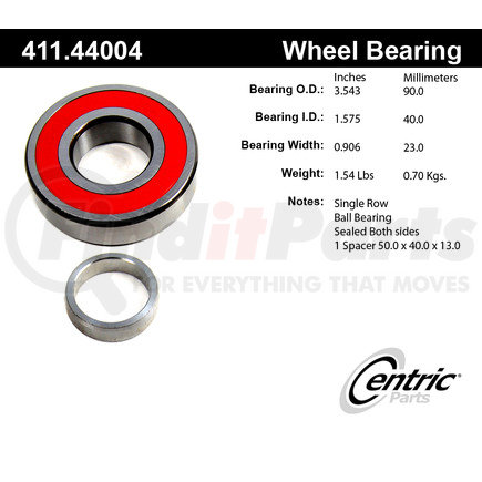 Centric 411.44004 Drive Axle Shaft Bearing Centric Premium Axle Shaft Bearing Single Row