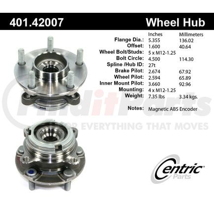 401.42007 by CENTRIC - Centric Premium Hub and Bearing Assembly; With ABS Tone Ring / Encoder