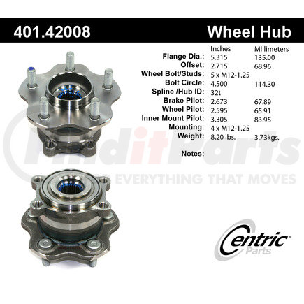 401.42008 by CENTRIC - Centric Premium Hub and Bearing Assembly