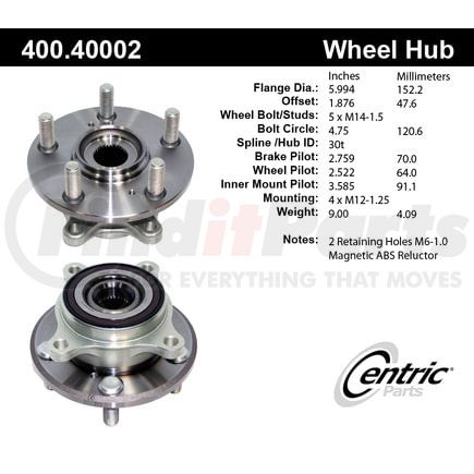 400.40002 by CENTRIC - Centric Premium Hub and Bearing Assembly; With ABS