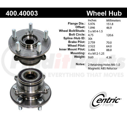 Centric 400.40003 Wheel Bearing and Hub Assembly Centric Premium Hub and Bearing Assembly; With ABS
