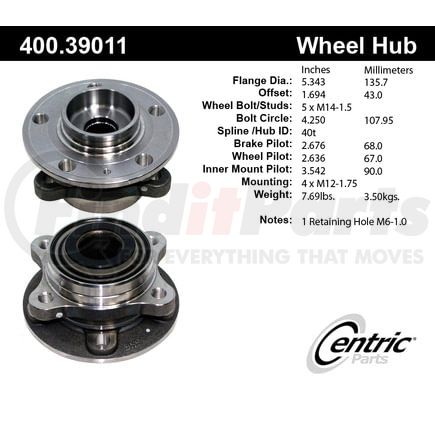 400.39011 by CENTRIC - Centric Premium Hub and Bearing Assembly without ABS