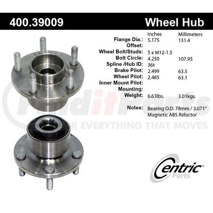 400.39009 by CENTRIC - Centric Premium Hub and Bearing Assembly; With ABS