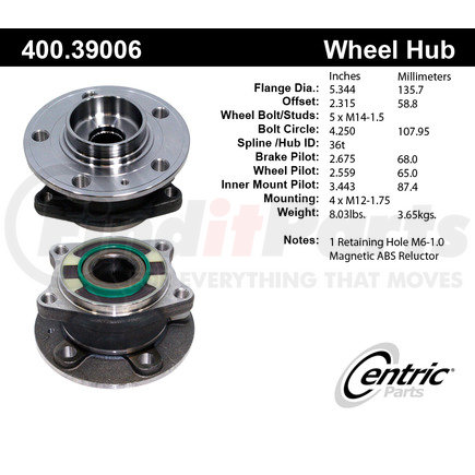 400.39006 by CENTRIC - Centric Premium Hub and Bearing Assembly; With ABS