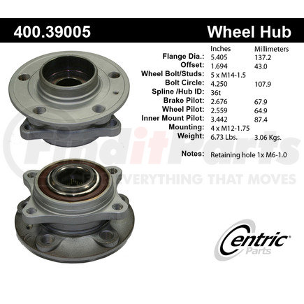 Centric 400.39005 Wheel Bearing and Hub Assembly Centric Premium Hub and Bearing Assembly without ABS