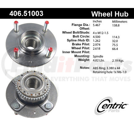 406.51003 by CENTRIC - Centric Premium Hub and Bearing Assembly; With ABS Tone Ring