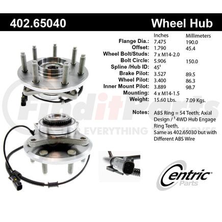 402.65040 by CENTRIC - Centric Premium Hub and Bearing Assembly; With Integral ABS