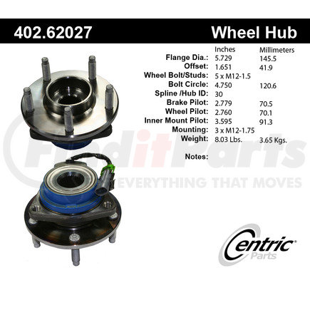 402.62027 by CENTRIC - Centric Premium Hub and Bearing Assembly; With Integral ABS