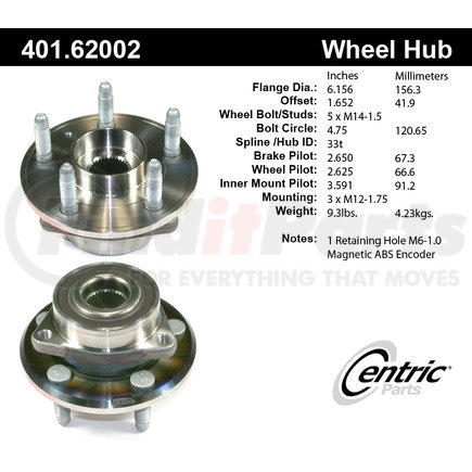 401.62002 by CENTRIC - Centric Premium Hub and Bearing Assembly; With ABS Tone Ring / Encoder