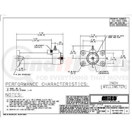 02-460-066 by MICO - Hydraulic Remote Actuator - Brake Fluid Type, 1.125" Bore Diameter, 1.437" Stroke