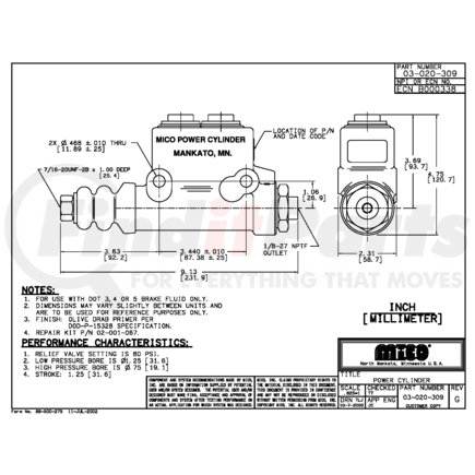 03-020-309 by MICO - Master Cylinder - Two Stage, Brake Fluid Type, 1-1/4" Large Bore Dia., 3/4" Small Bore Dia., fits Case New Holland and Other Equipment