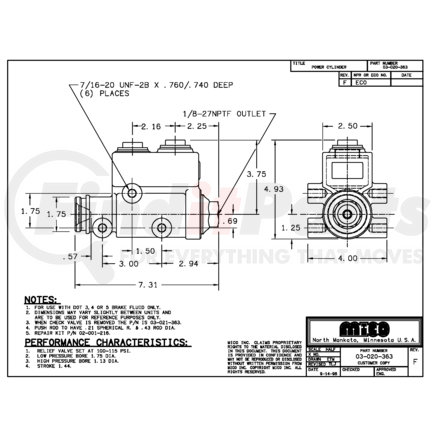 03-020-363 by MICO - Master Cylinder - Two Stage, Brake Fluid Type, 1-3/4" Large Bore Dia., 1-1/4" Small Bore Dia., 100 PSI, 1/8"-27 NPTF Outlet Port