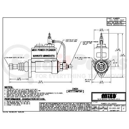 03-020-397 by MICO - Master Cylinder - Two Stage, Brake Fluid Type, 7/8" Small Bore Dia., 1-1/2" Large Bore Dia., 7/16"-24 Inverted Flare Outlet Port