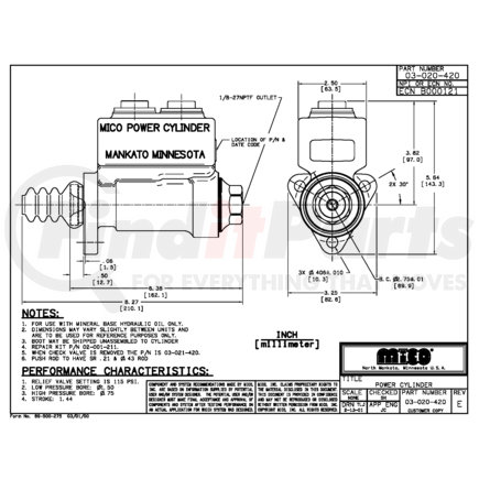 03-020-420 by MICO - Master Cylinder - Two Stage, Brake Fluid Type, 1-1/2" Large Bore Dia., 3/4 Small Bore Dia., 1.44" Stroke