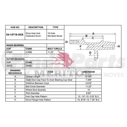 0415719002 by MERITOR - Rear Hub - Drive Axle, Drum Brake, 7.25 in. Disc Bolt Circle, 10-Stud Pattern