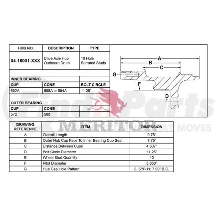 04-16001-001 by MERITOR - R Series Hub Assembly - Disc Brake, Conventional Hub, 10 Studs Pattern