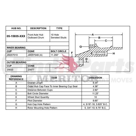 0515935002 by MERITOR - Disc Brake Hub - Right Hand, Steer Axle, Bosch Hydraulic Disc, 8000 lb GAWR