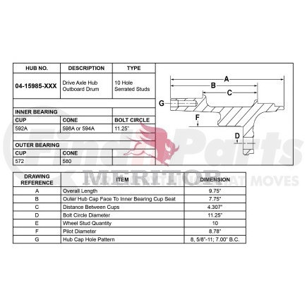 0415985002 by MERITOR - Rear Hub Assembly - Drive Axle, Drum Brake, 10 Bolt Pattern, 27000 lb GAWR