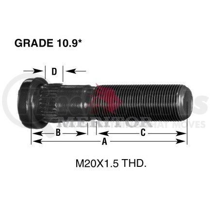 09001853 by MERITOR - Wheel Stud - RH Thread Direction, 0.827" Serration, 0.75" Body Length, 10.9 Grade