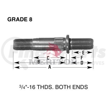 09001828 by MERITOR - Wheel Stud - LH Thread Direction, 12.7 mm Serration, 3/4"-16 End Threads