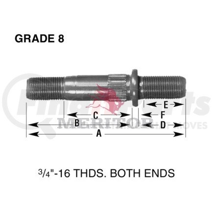 09002082 by MERITOR - Wheel Stud - RH Thread Direction, Serrated, 1.43" Body Length, 3/4"-16