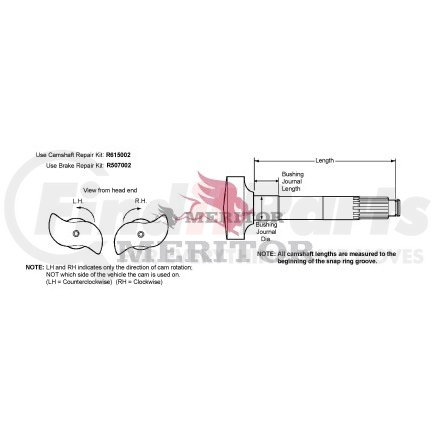 R607029 by MERITOR - Air Brake Camshaft - Right, 12.46" Length, Drive Axle, for 16.50" Brake Diameter